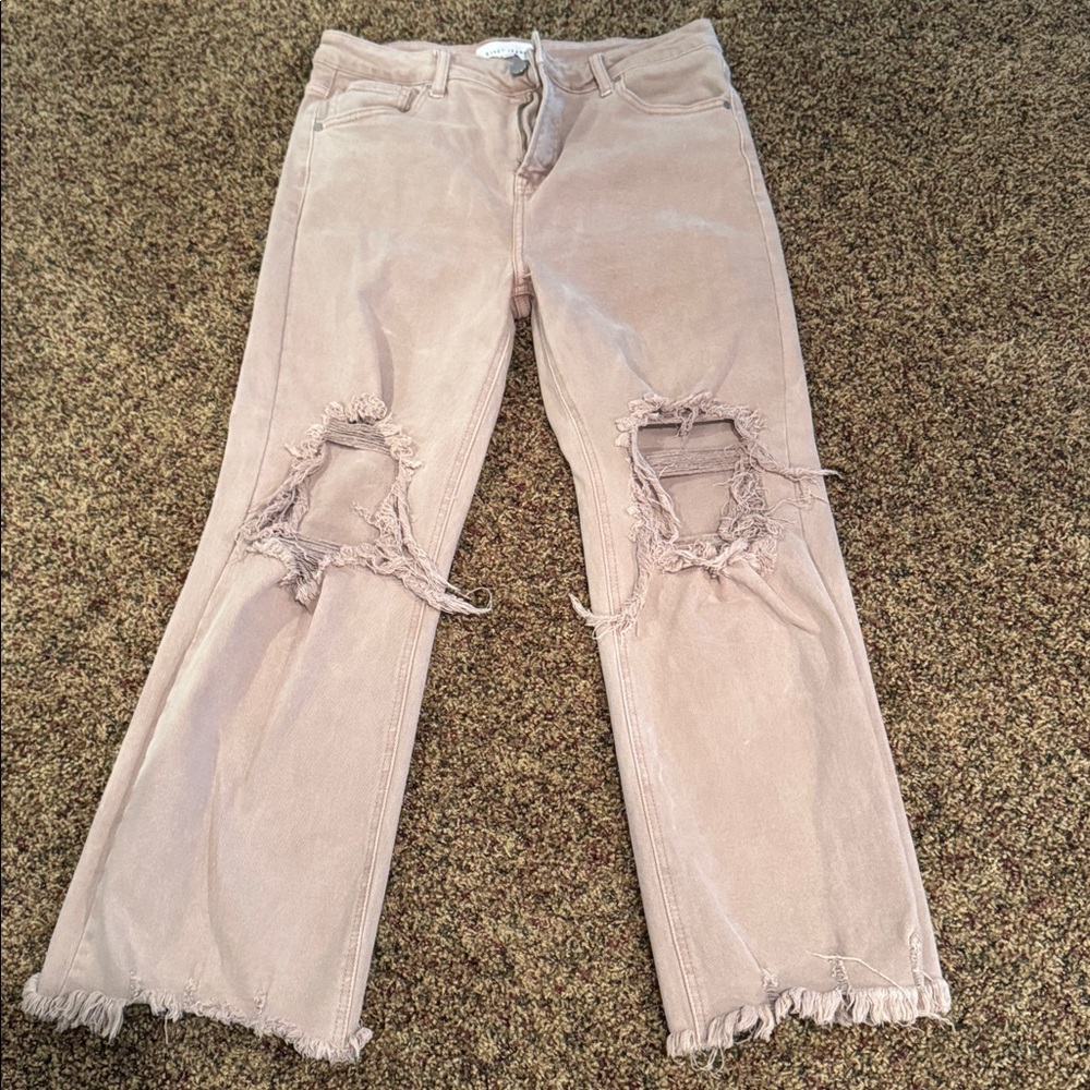 Risen Distressed Pink/Rose Jeans with Frayed Hem
